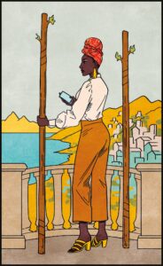 The two of wands, from The Modern Witch Tarot - is a young black woman, holding a staff, looking out over a body of water from a terrace.